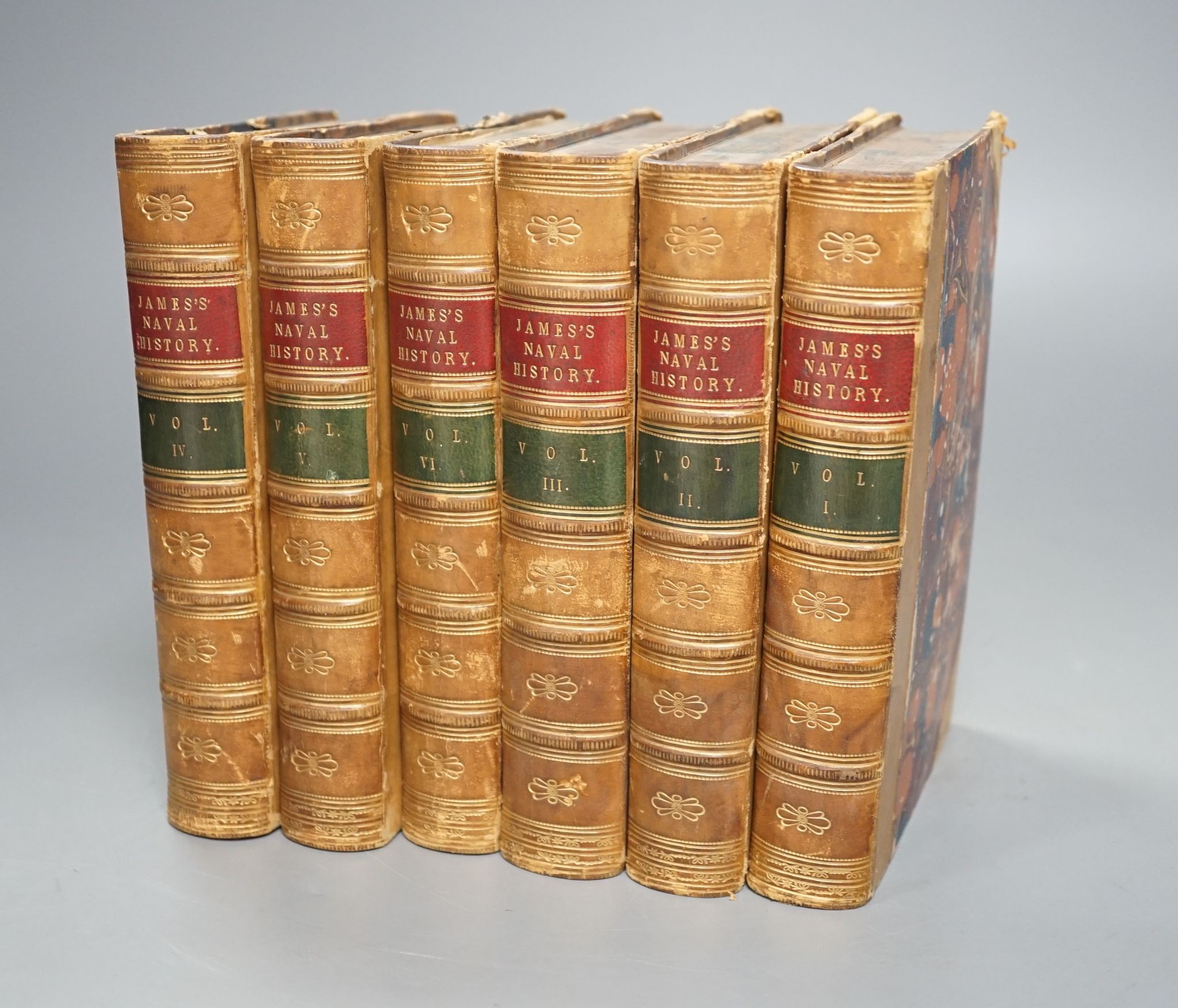James, William - The Naval History of Great Britain ... new edition, with additions and notes, 6 vols. portrait frontispieces, 27 folded tables, text diagrams, contemp. half calf and marbled